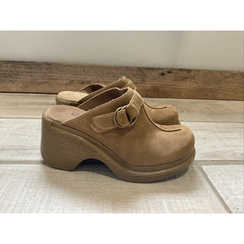Lower East Side 5.5 Tan Suede Chunky Clog Mule Grunge Boho Leather Vintage Y2K